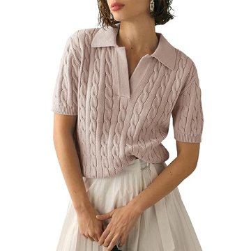 Imily Bela Women's Cable Short Sleeve Sweaters Tops Solid Lapel V Neck Knit Casual Soft Pullover Shi...