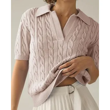 Imily Bela Women's Cable Short Sleeve Sweaters Tops Solid Lapel V Neck Knit Casual Soft Pullover Shirt Light Brown