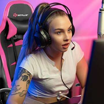 POWERSTONE Gaming Chair - Pink Ergonomic Gaming Chair with Footrest for Women Racing Esports Compute...