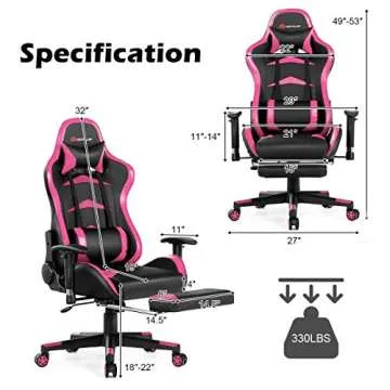 POWERSTONE Gaming Chair - Pink Ergonomic Gaming Chair with Footrest for Women Racing Esports Computer Chair High-Back Lumbar Massage Leather Recliner Rolling Swivel Chair (Pink)