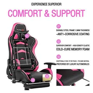 POWERSTONE Gaming Chair - Pink Ergonomic Gaming Chair with Footrest for Women Racing Esports Computer Chair High-Back Lumbar Massage Leather Recliner Rolling Swivel Chair (Pink)