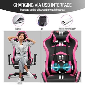 POWERSTONE Gaming Chair - Pink Ergonomic Gaming Chair with Footrest for Women Racing Esports Computer Chair High-Back Lumbar Massage Leather Recliner Rolling Swivel Chair (Pink)