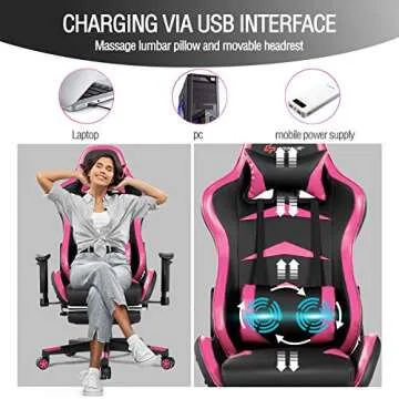 POWERSTONE Gaming Chair - Pink Ergonomic Gaming Chair with Footrest for Women Racing Esports Computer Chair High-Back Lumbar Massage Leather Recliner Rolling Swivel Chair (Pink)