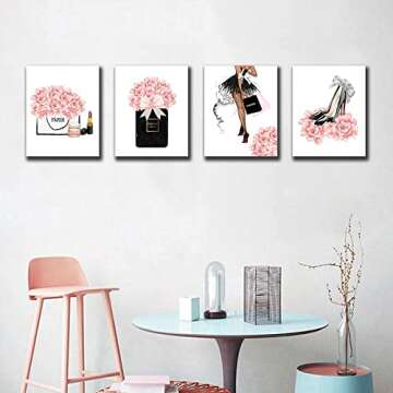 FRAMED Makeup Room Canvas Wall Art, Fashion Woman Picture , Perfume Handbags High Heels Lipstick Wall Paintings, Pink Gift for Girls Room Boudoir Decor Ready to Hang Set of 4, 8x10 in (Framed)…