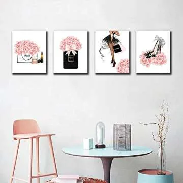 FRAMED Makeup Room Canvas Wall Art, Fashion Woman Picture , Perfume Handbags High Heels Lipstick Wall Paintings, Pink Gift for Girls Room Boudoir Decor Ready to Hang Set of 4, 8x10 in (Framed)…