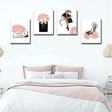 FRAMED Makeup Room Canvas Wall Art, Fashion Woman Picture , Perfume Handbags High Heels Lipstick Wall Paintings, Pink Gift for Girls Room Boudoir Decor Ready to Hang Set of 4, 8x10 in (Framed)…