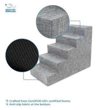 Best Pet Supplies Dog Stairs for Small Dogs & Cats, Foam Pet Steps Portable Ramp for Couch Sofa and High Bed Non-Slip Balanced Indoor Step Support, Paw Safe No Assembly - Ash Gray Linen, 5-Step