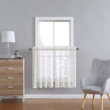 Elegant Knitted Lace Kitchen Tier Curtains - 30x45 Inches, Beige Ivory with Flower Pattern