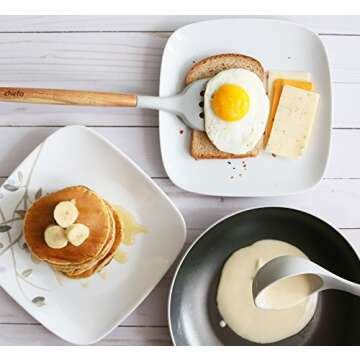 Silicone Cooking Utensils | Wooden Handle, Non-Stick Cookware Heat Resistant Kitchen Utensil Spatula, Slotted & Solid Spoon, Soup Ladle, Slotted Turner and Spaghetti Server,| Acacia Wood - Light Grey