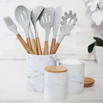 Silicone Cooking Utensils | Wooden Handle, Non-Stick Cookware Heat Resistant Kitchen Utensil Spatula, Slotted & Solid Spoon, Soup Ladle, Slotted Turner and Spaghetti Server,| Acacia Wood - Light Grey