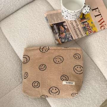 Cosmetic Bags for Women - Corduroy Cosmetic Bag Aesthetic Women Handbags Purses Smile Dots Makeup Or...