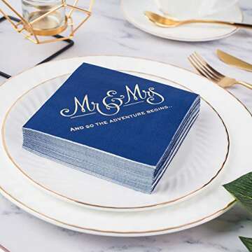 Livebe 100 Pack of Paper Cocktail Napkins with Gold design，Formal Dinner, Anniversary, Wedding Napkins for Tables, Guestrooms, Restrooms(5 x 5 in，3-ply) (Blue)