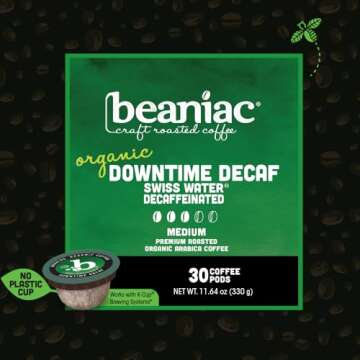 beaniac Organic Downtime Decaf Swiss Water Decaffeinated, Medium Roast, Single Serve Compostable K C...