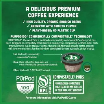beaniac Organic Downtime Decaf Swiss Water Decaffeinated, Medium Roast, Single Serve Compostable K Cup Coffee Pods, Organic Arabica Coffee, Keurig Brewer Compatible, 30 Count