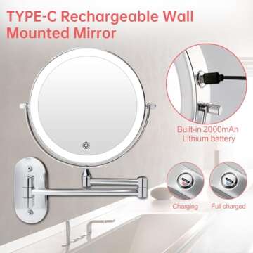 Rechargeable Wall Mounted Lighted Makeup Vanity Mirror 8 Inch Double Sided 1X 10X Magnifying Bathroo...