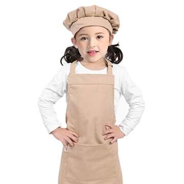 Kids Apron and Chef Hat Set-Adjustable Child Apron for Boys and Girls for Cooking Baking Khaki