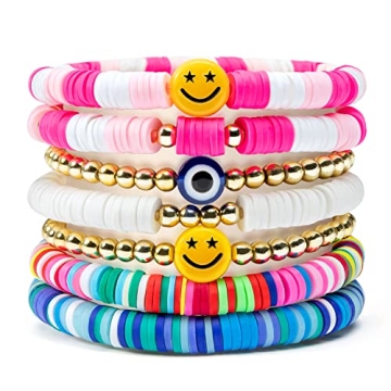 Colorful Y1tvei 7Pcs Heishi Surfer Bracelets Set