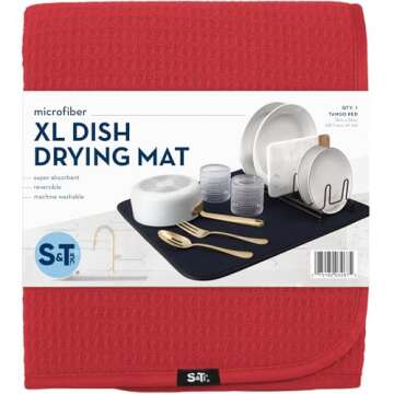 S&T INC. Dish Drying Mat XL, Highly Absorbent Microfiber Kitchen Counter Mat, Dish Drying Pad for Dishes, Utensils, Pots and Pans, Extra Large 18" x 24", Red