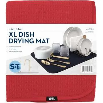 S&T INC. Dish Drying Mat XL, Highly Absorbent Microfiber Kitchen Counter Mat, Dish Drying Pad for Dishes, Utensils, Pots and Pans, Extra Large 18" x 24", Red