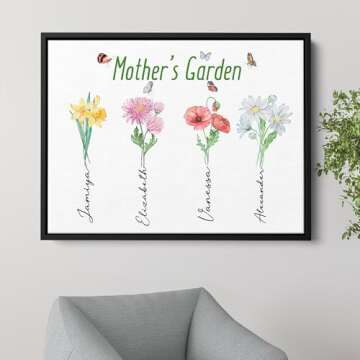 Mothers Day Gifts - Personalized Mom or Grandma’s Garden Canvas Print with Kid’s Birth Month Flowers and Names - Grandma Birthday Gifts Canvas Prints for Wall Art Home Decor - Gift Wrapping Available
