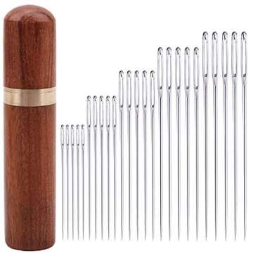 25Pieces Hand Sewing Big Eye Needles Sharp Needle，with Solid Wood Needle Case for