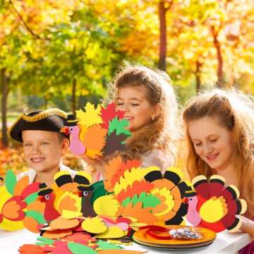Pickmesh 24 Sets Thanksgiving DIY Craft Kits Turkey Foam Stickers Set Fall Autumn Leaf Arts and Crafts for Boys Girls Art Activities Party Supply Autumn Thanksgiving Decoration