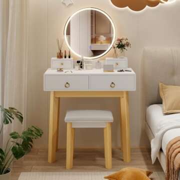 CHARMAID Vanity Desk with Mirror and Lights, White Makeup Vanity Desk with 4 Drawers, 3 Color Lighting Modes, Adjustable Brightness, Modern Dressing Table with Vanity Stool for Girls Small Bedroom