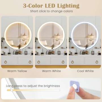 CHARMAID Vanity Desk with Mirror and Lights, White Makeup Vanity Desk with 4 Drawers, 3 Color Lighting Modes, Adjustable Brightness, Modern Dressing Table with Vanity Stool for Girls Small Bedroom