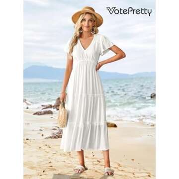 VOTEPRETTY Women's 2025 Summer Beach Fashion Wedding Guest Maxi Dresses Boho Short Sleeve V Neck Flo...