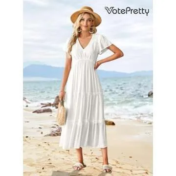 VOTEPRETTY Women's 2025 Summer Beach Fashion Wedding Guest Maxi Dresses Boho Short Sleeve V Neck Flo...