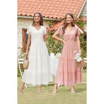 VOTEPRETTY Women's 2025 Summer Beach Fashion Wedding Guest Maxi Dresses Boho Short Sleeve V Neck Flowy Vacation Outfits Tiered Long Sundress(White,M)
