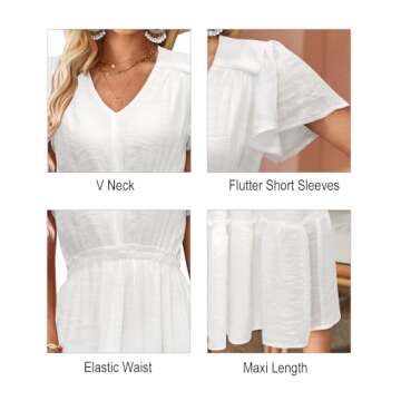 VOTEPRETTY Women's 2025 Summer Beach Fashion Wedding Guest Maxi Dresses Boho Short Sleeve V Neck Flowy Vacation Outfits Tiered Long Sundress(White,M)