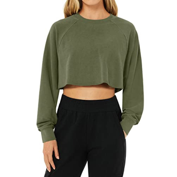 LASLULU Long Sleeve Crop Top Sexy Tops Cropped Sweatshirt Casual Tops Sweat Shirts Workout Running Yoga Shirts for Women with Thumb Hole(Army Green Small)