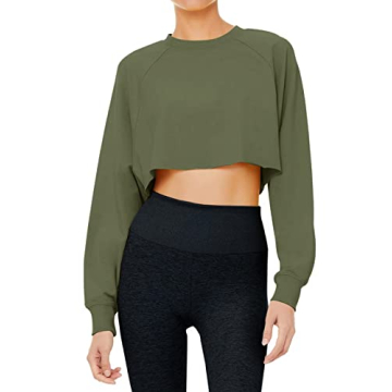 LASLULU Long Sleeve Crop Top Sexy Tops Cropped Sweatshirt Casual Tops Sweat Shirts Workout Running Yoga Shirts for Women with Thumb Hole(Army Green Small)