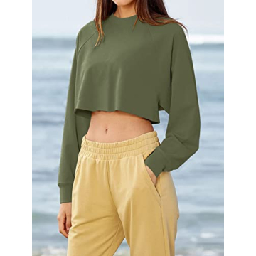 LASLULU Long Sleeve Crop Top Sexy Tops Cropped Sweatshirt Casual Tops Sweat Shirts Workout Running Yoga Shirts for Women with Thumb Hole(Army Green Small)