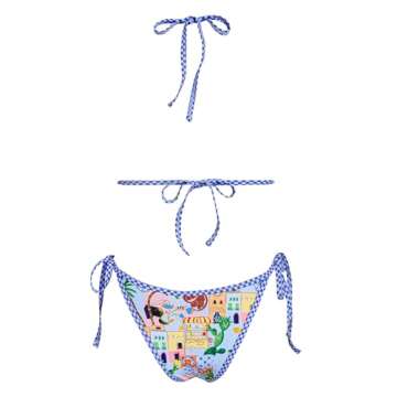 VOLAFA Women's Triangle Bikini Set String Swimsuit Print Tie Smocked Ruched Two Piece Bathing Suit (Large, Beach Scenery Blue)