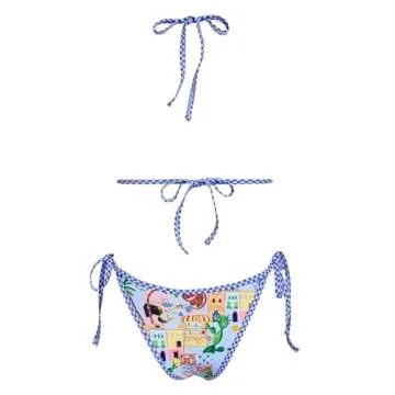 VOLAFA Women's Triangle Bikini Set String Swimsuit Print Tie Smocked Ruched Two Piece Bathing Suit (Large, Beach Scenery Blue)