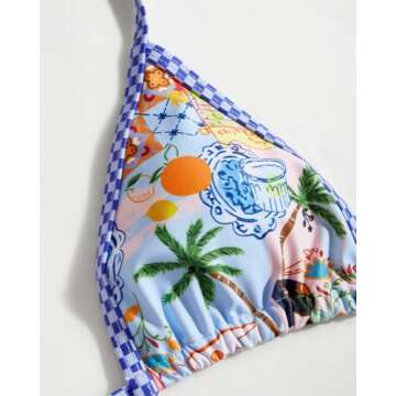 VOLAFA Women's Triangle Bikini Set String Swimsuit Print Tie Smocked Ruched Two Piece Bathing Suit (Large, Beach Scenery Blue)