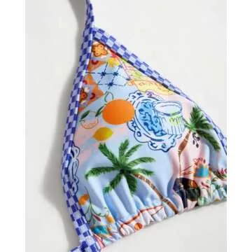 VOLAFA Women's Triangle Bikini Set String Swimsuit Print Tie Smocked Ruched Two Piece Bathing Suit (Large, Beach Scenery Blue)