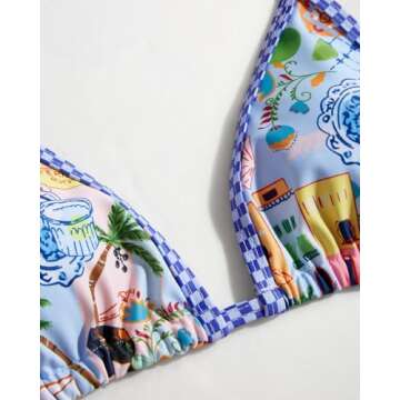 VOLAFA Women's Triangle Bikini Set String Swimsuit Print Tie Smocked Ruched Two Piece Bathing Suit (Large, Beach Scenery Blue)