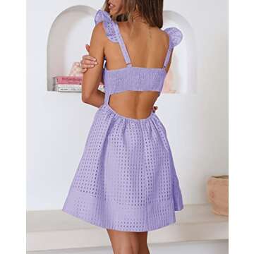 Ferlema Womens Open Back Summer Short Dress Casual Plaid Strap Sleeveless Square Neck Ruffle A Line Swing Mini Dress