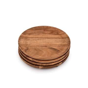 Samhita Acacia Wood Round Wood Plates Set of 4, Easy Cleaning & Lightweight for Dishes Snack, Desser...