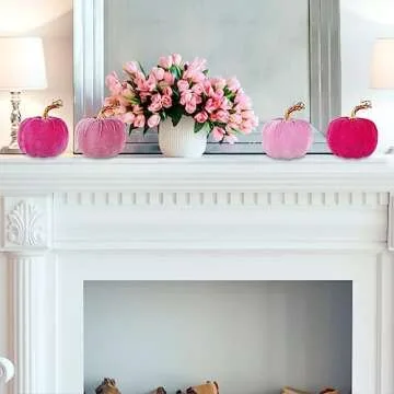 Winlyn 4 Pcs Assorted Faux Pink Velvet Pumpkins Decorative Fabric Pumpkins Foam Pumpkins 5" for Gifts Fall Wedding Baby Shower Thanksgiving Halloween Table Centerpiece Mantel Bowl Farmhouse Décor