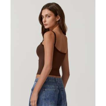 QINSEN Womens Sleeveless Basic Tank Top Slim Fitted Square Neck Ribbed Lace Cami Shirts Brown M