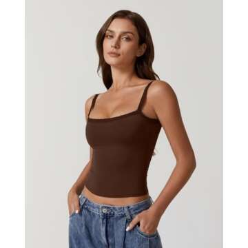 QINSEN Womens Sleeveless Basic Tank Top Slim Fitted Square Neck Ribbed Lace Cami Shirts Brown M
