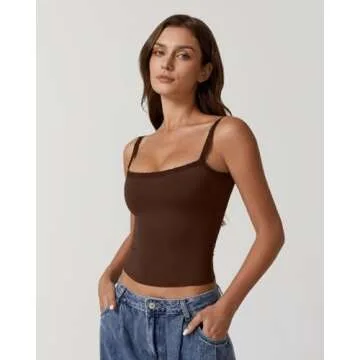 QINSEN Womens Sleeveless Basic Tank Top Slim Fitted Square Neck Ribbed Lace Cami Shirts Brown M