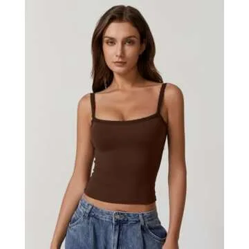 QINSEN Womens Sleeveless Basic Tank Top Slim Fitted Square Neck Ribbed Lace Cami Shirts Brown M