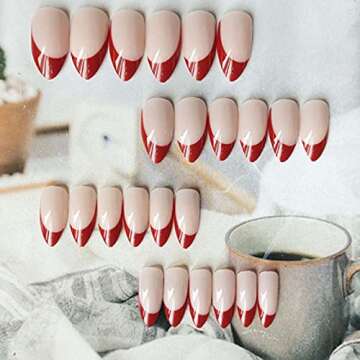 Kamize Press on Nails Medium French Fake Acrylic Nails Full Cover Red False Nails for Women and Girls24PCS
