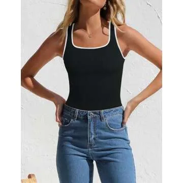 ZESICA Womens Ribbed Tank Tops Square Neck Summer Sleeveless Slim Fitted Color Block Basic Knit Tee Shirts,Black,Small