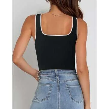 ZESICA Womens Ribbed Tank Tops Square Neck Summer Sleeveless Slim Fitted Color Block Basic Knit Tee Shirts,Black,Small